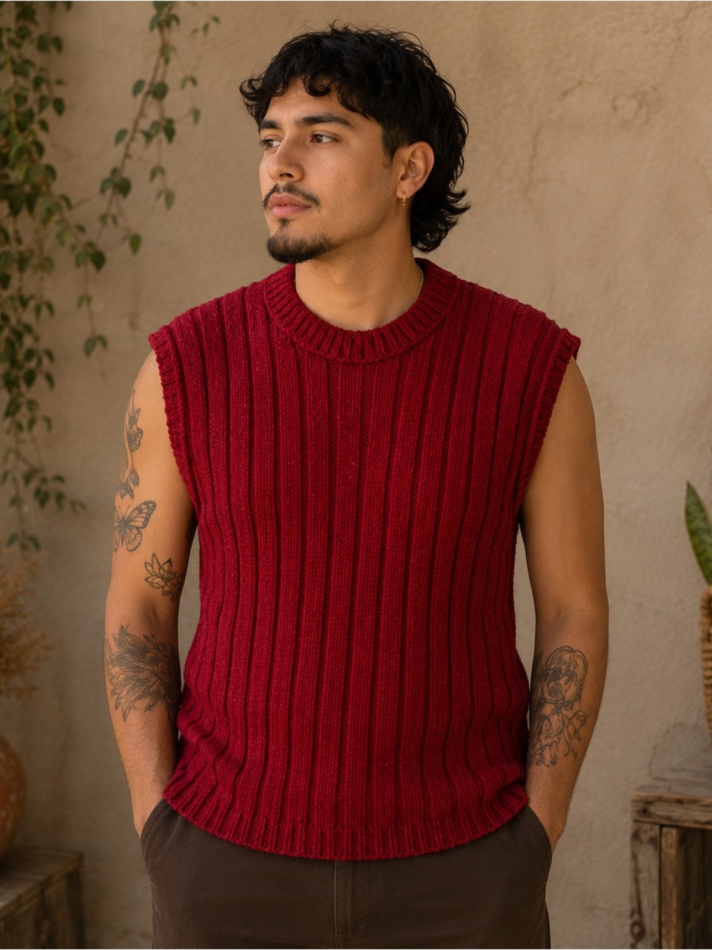 Vintage Handmade Hand Knit Ribbed Maroon Pullover Unisex Sweater Vest Sz. Med-Lg